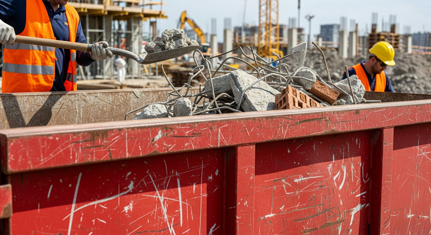 AI_IMAGE: Close-up of a heavy-duty red stationary waste dumpster being loaded with concrete rubble and brick debris by construction workers wearing hard hats and high-visibility vests, active construction site background, daylight, sharp focus | photorealistic | landscape