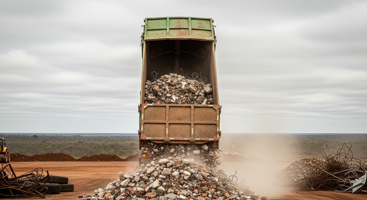 AI_IMAGE: Rear view of a waste collection truck with its bed tilted, unloading construction rubble at a licensed disposal area, flat cerrado landscape in the background, overcast sky, industrial atmosphere, wide shot | photorealistic | landscape