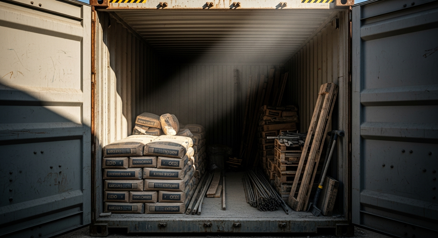 AI_IMAGE: Interior view looking into an open steel shipping container at a construction site, neatly stacked bags of cement and construction materials inside, strong directional light from the open door, industrial mood, shallow depth of field on the materials | photorealistic | landscape