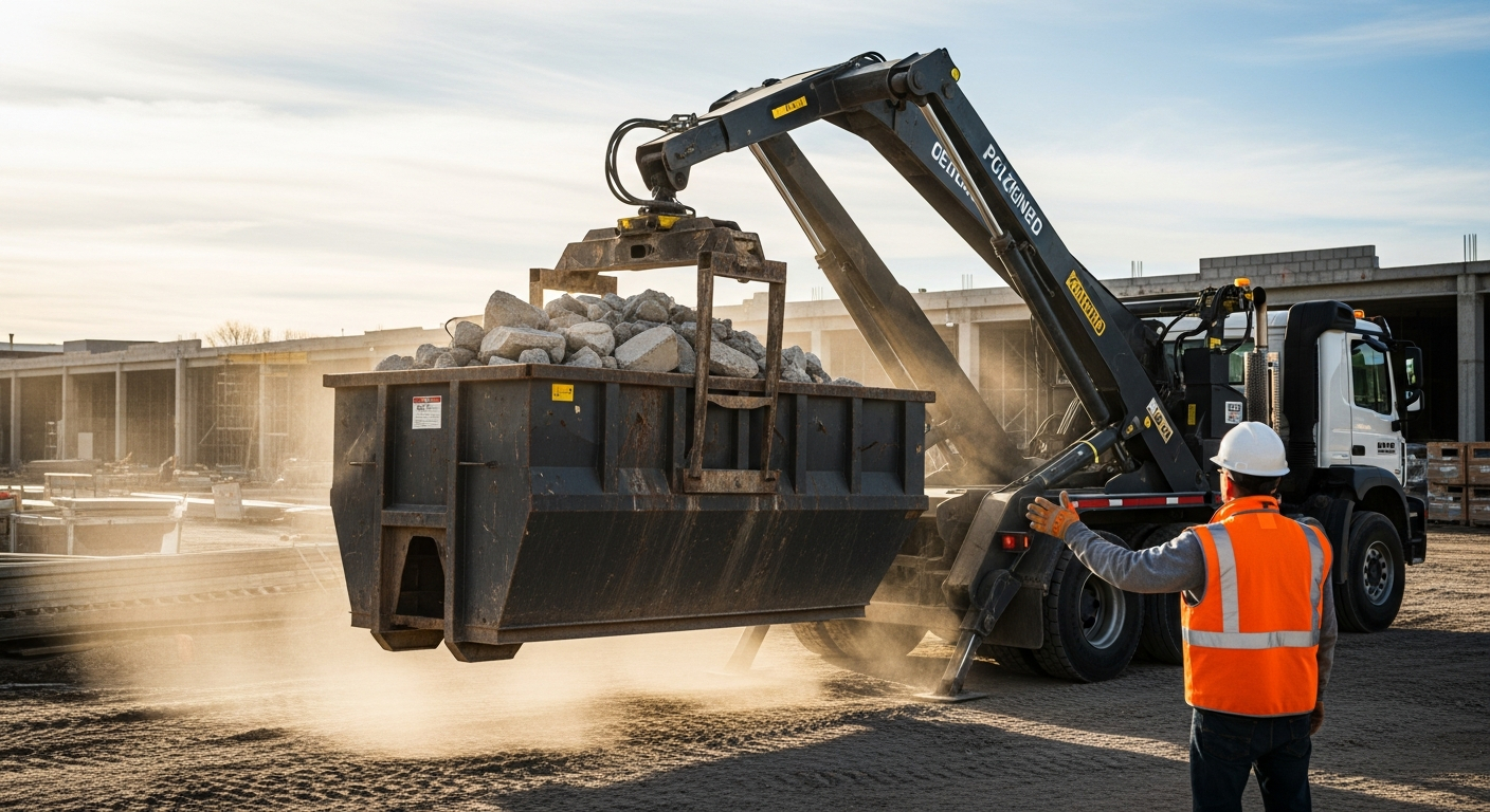 AI_IMAGE: A poliguindaste truck lifting a full stationary dumpster loaded with concrete rubble at a commercial construction site, dust particles in the air, worker directing the operation, safety vest and hard hat, strong side lighting | photorealistic | landscape