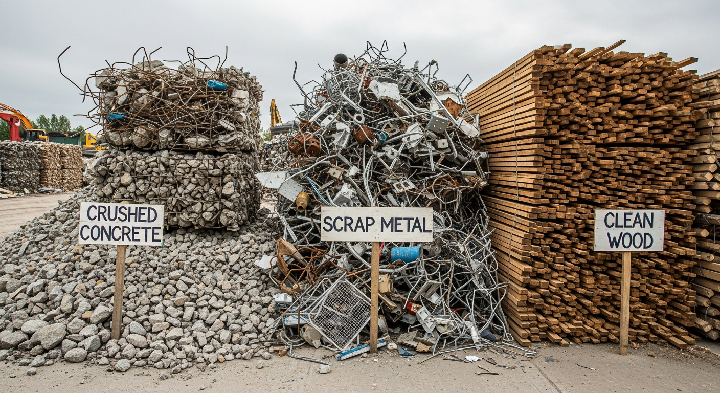 AI_IMAGE: Close-up of sorted construction waste materials in separate piles — crushed concrete, scrap metal, and clean wood — at a waste management yard, organized and labeled, overcast light, industrial documentary photography | photorealistic | landscape