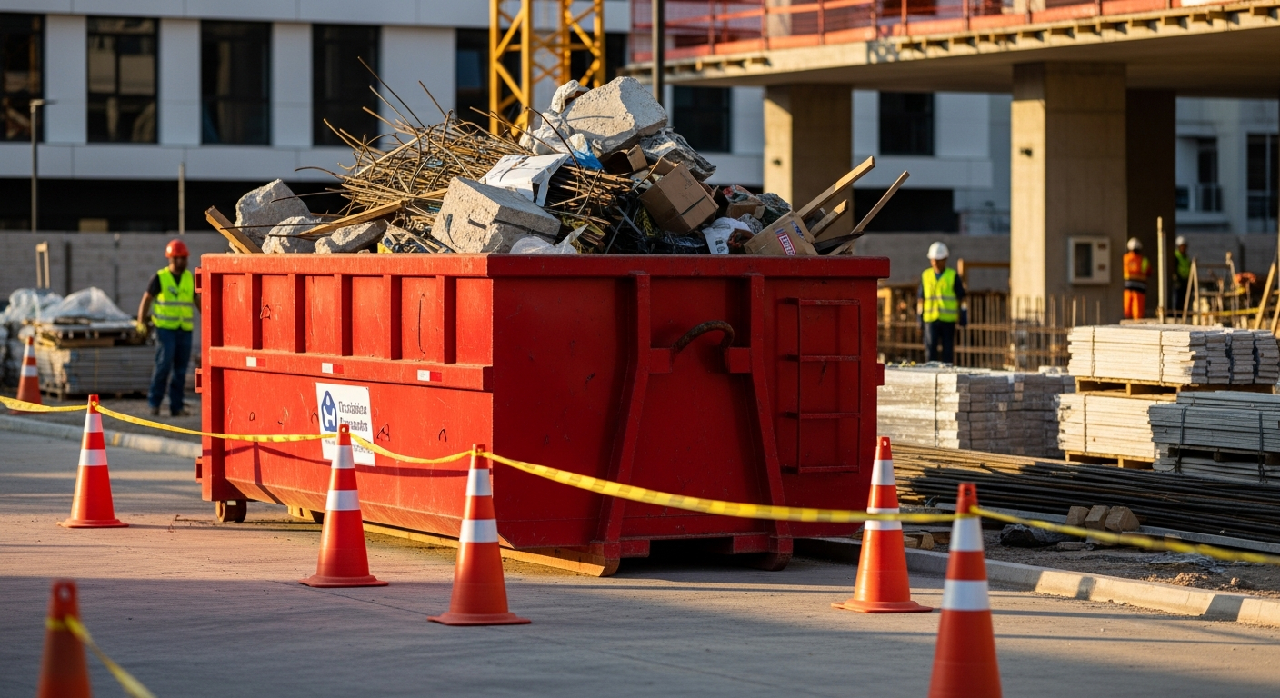 AI_IMAGE: A bright red industrial stationary dumpster (caçamba estacionária) positioned at a clean, organized Brazilian construction site. The dumpster is filled with construction debris. Warm daylight, professional atmosphere, construction zone with safety cones visible. | photorealistic | landscape