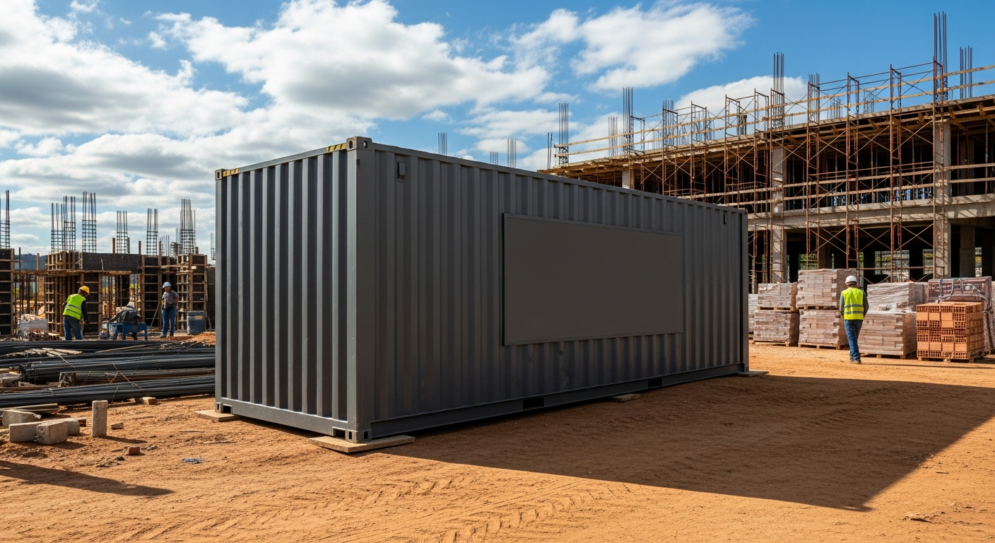 AI_IMAGE: A large, clean closed shipping container converted for construction site use, positioned at an active building site in Brazil. The container is dark gray with visible branding area. Organized construction zone, bright sky, professional setting. | photorealistic | landscape